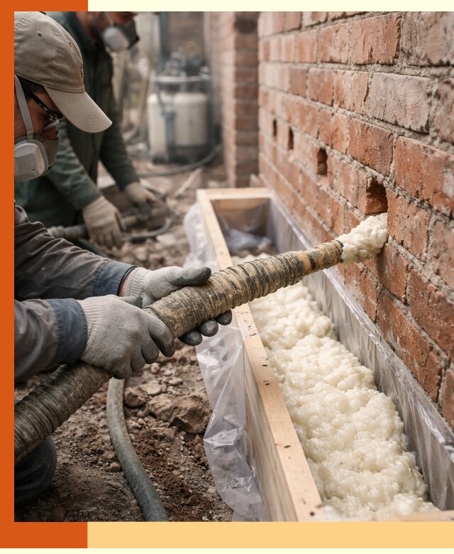 Заливка ППУ в пустоты кирпичной стены в Холмске