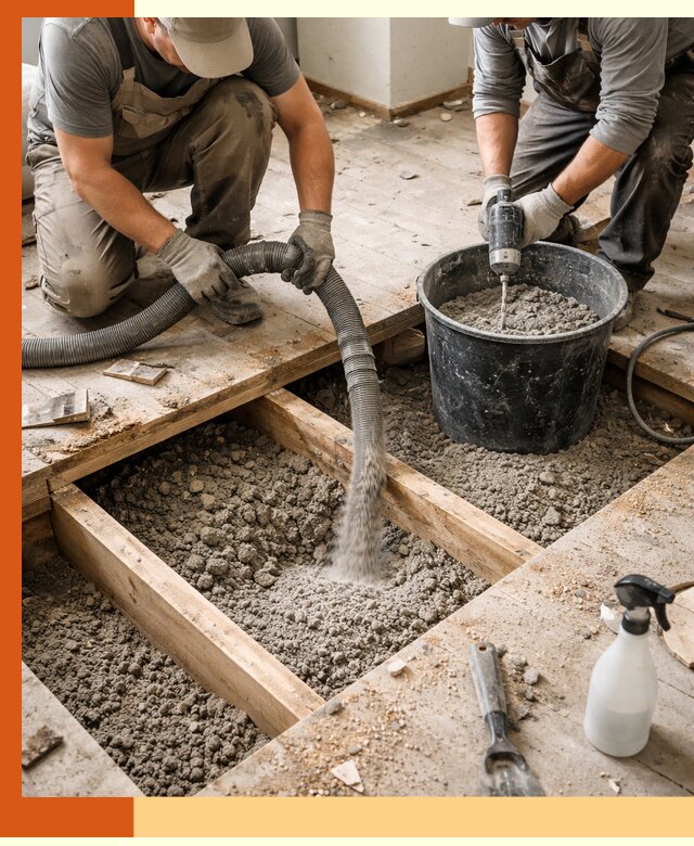 Заполнение пустот пола в Холмске полиуретаном и пенополистиролом