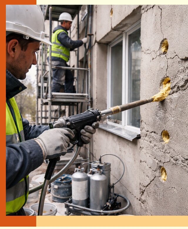 Заполнение пустот в фасаде и утепление стен в Холмске