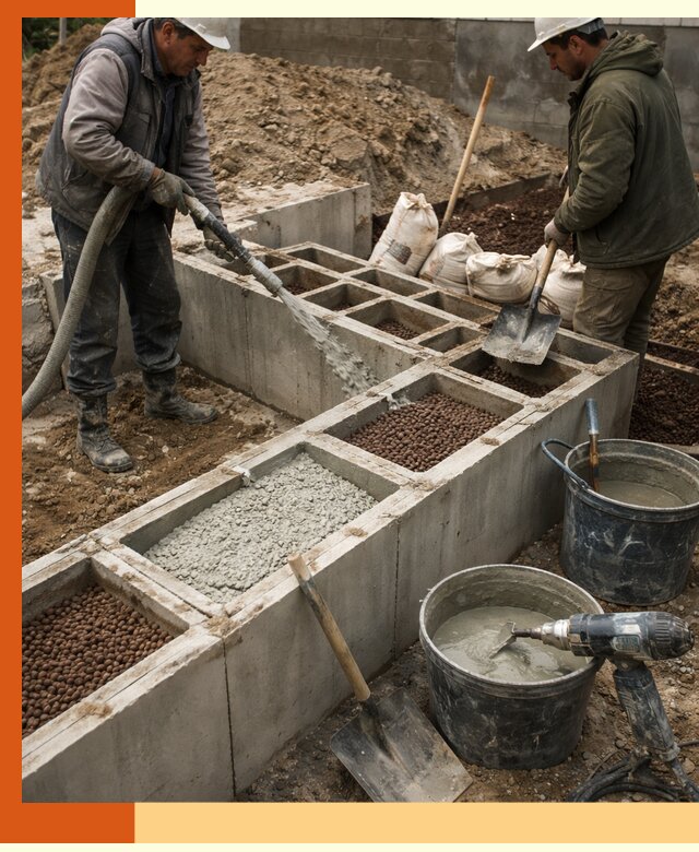 Заполнение полостей фундамента в Холмске герметичным утеплением и повышением прочности